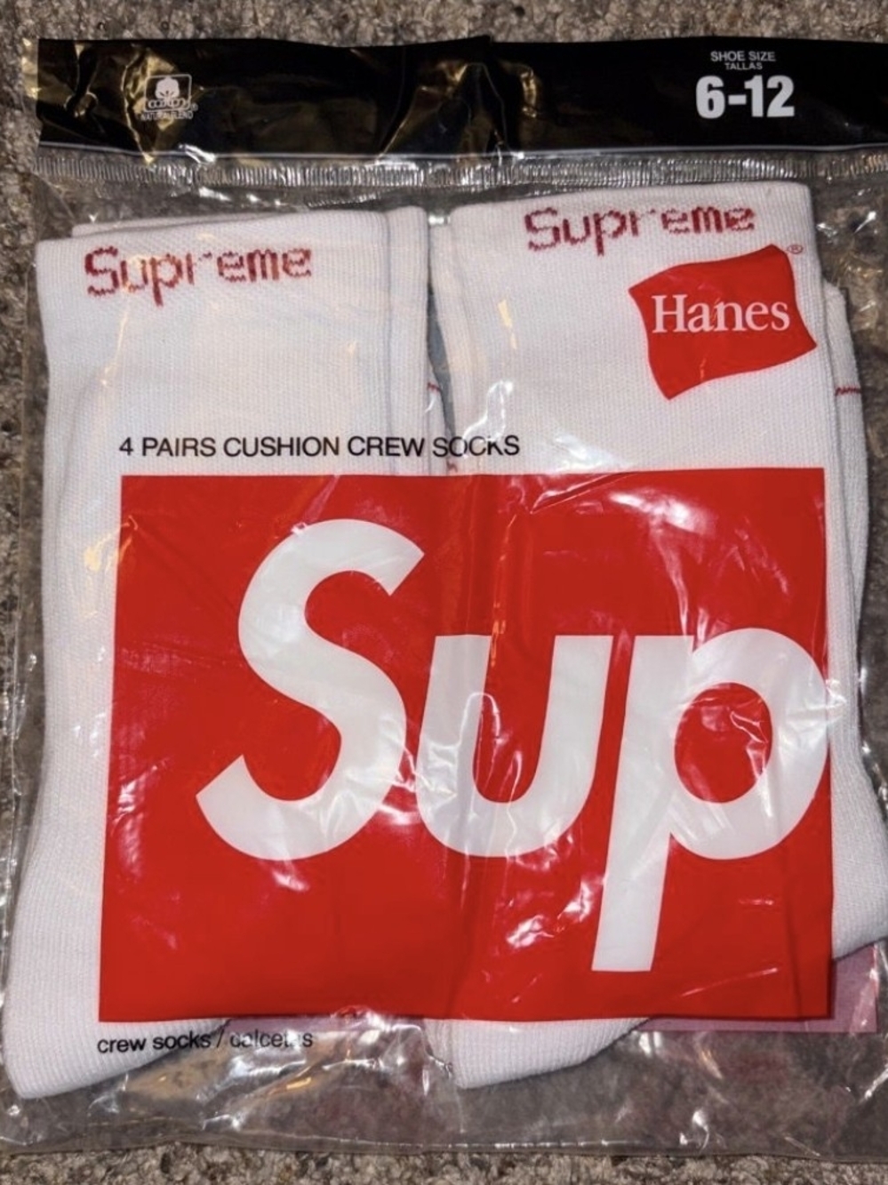 Hanes / Supreme White Crew Socks with Red Logos - 4 Pack